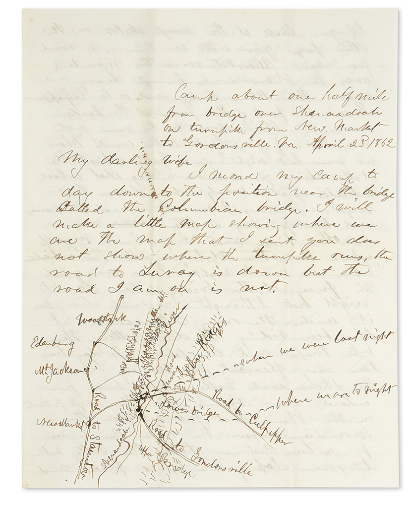 (CIVIL WAR.) Ruger, Thomas Howard. Letter by a colonel in the Shenandoah Valley campaign, with a map of his recent itinerary.